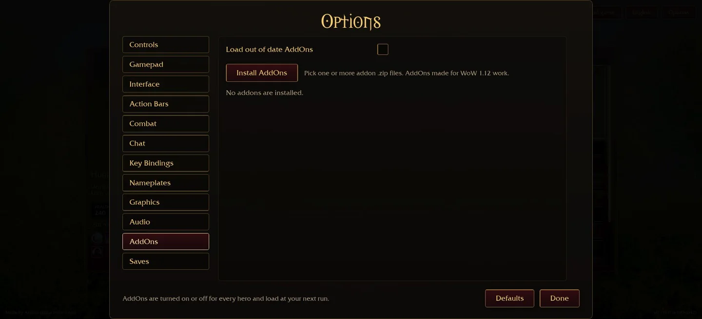 The browser AddOns menu offers ZIP imports. No third-party addon was installed in this review.