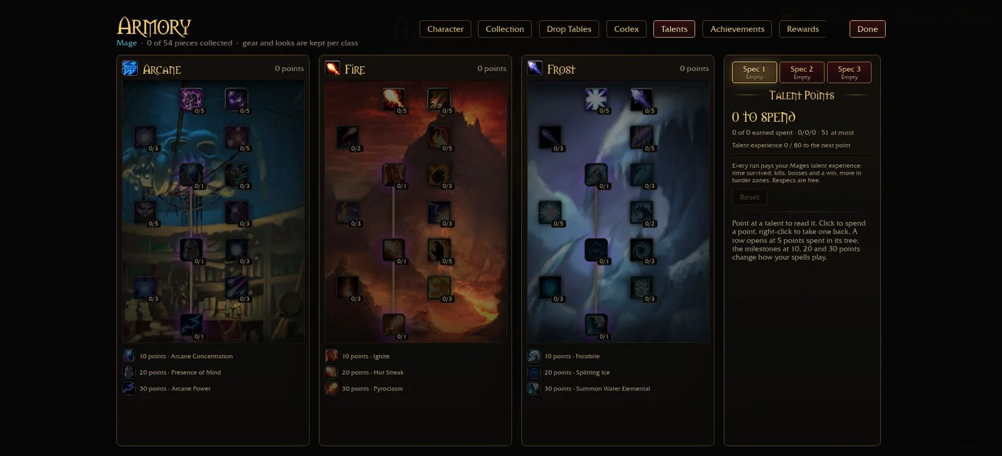 Original Mage talent menu. This guide verifies milestones, not a complete 51-point preset.