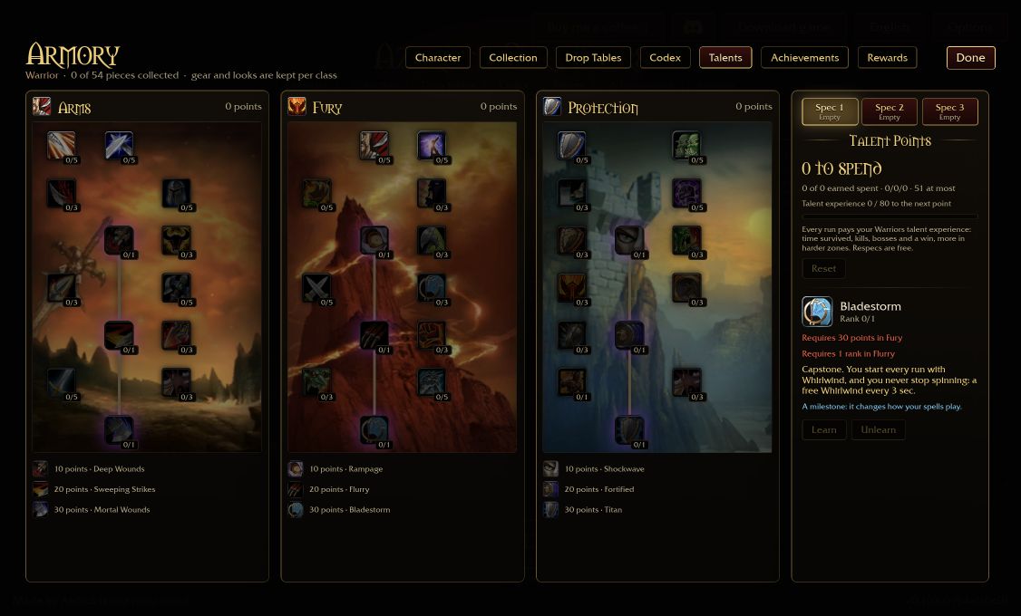 Warrior Fury talents in the original game: Bladestorm requirements and effect, checked 20 October 2026.